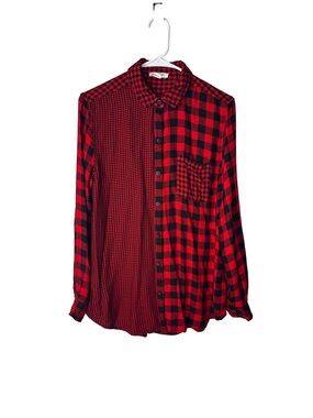 BEACHLUNCHLOUNGE Red Black Mixed-Check Lightweight Long Sleeve Button-Up Shirt M